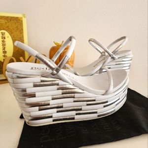 Pedro Garcia White and Silver Woven Wedge Sandals